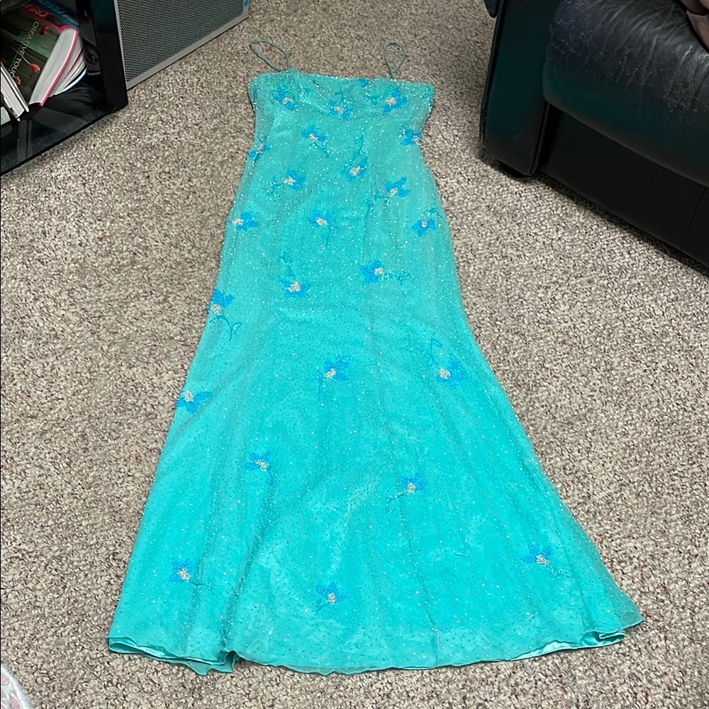 100% silk floral beaded sequinned Blue  gown